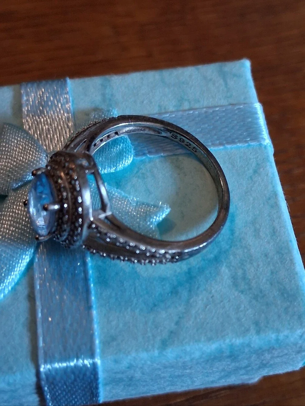 Sterling Silver Blue Gem Halo Ring - Blue